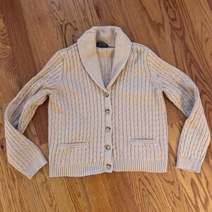 Lauren Ralph Lauren Womens XL Tan Beige Cable Knit Shawl Collar Cotton Cardigan